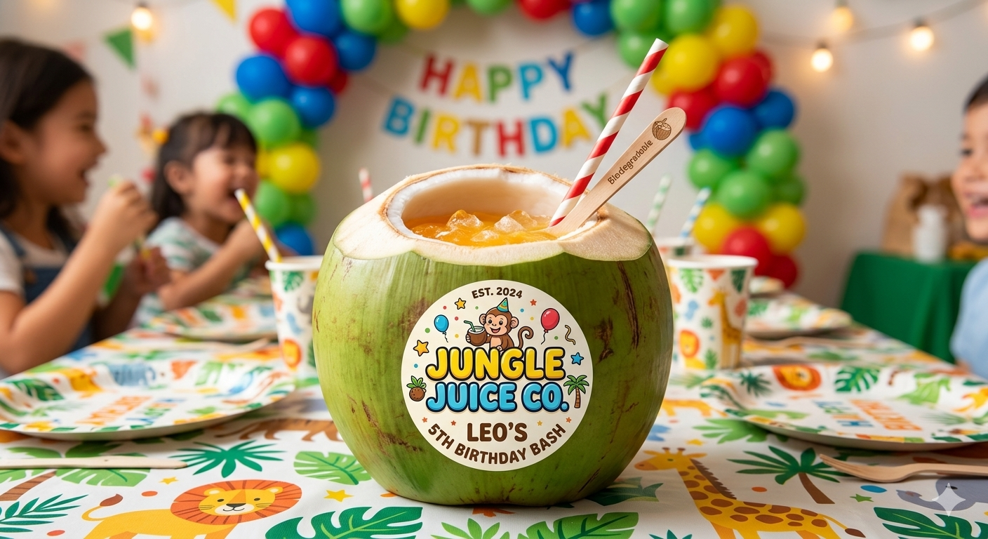 Branded coconut drinks served at a jungle-themed birthday party in Florida — personalized with guest of honor's name