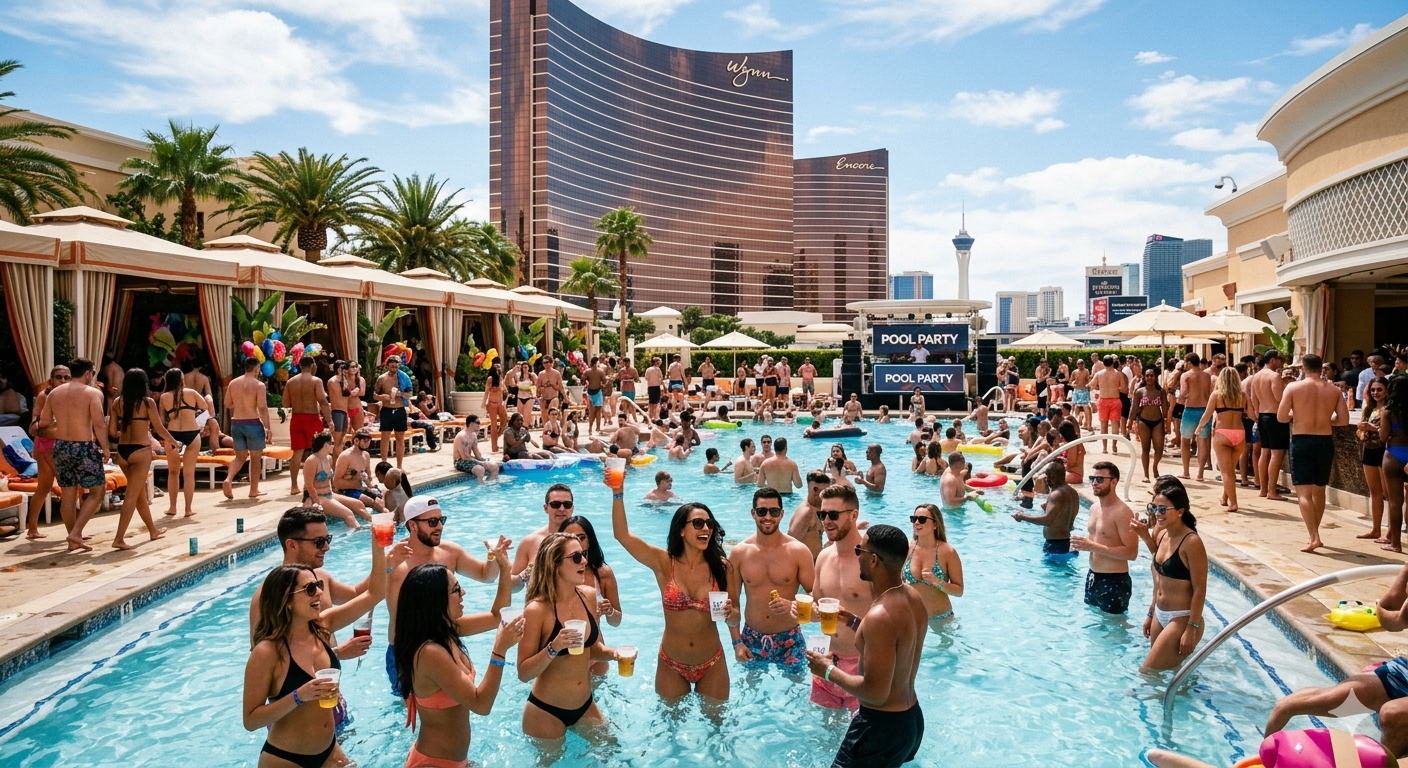 Large crowd enjoying branded coconuts at a Las Vegas daytime pool party — Manea Florida large-scale event service