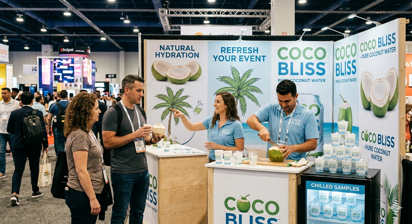 Coco Bliss branded coconut water trade show booth — corporate branded coconuts for trade shows and brand activations