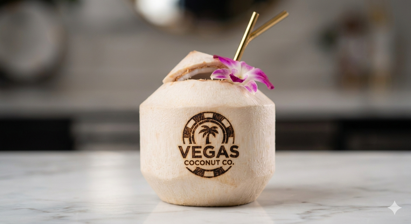 Close-up of a branded coconut drink garnished with a purple orchid flower — custom event coconut by Manea Florida