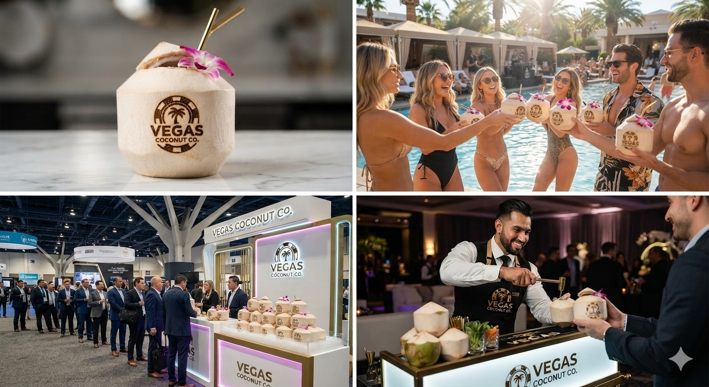 Vegas Coconut Co branded coconut promotional campaign collage — custom logo coconuts served at large-scale events